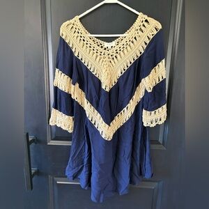 Umgee Blue Boho Crochet Tunic Top blue or Swim Cover Up Small
